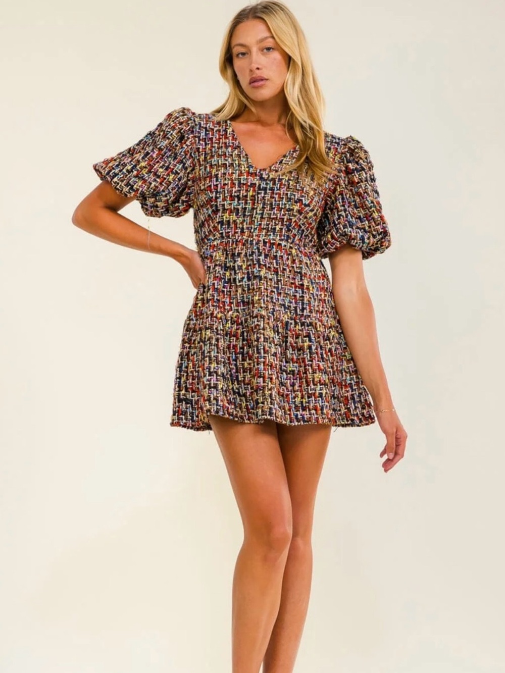 Multicolor Tweed Puff-Sleeve Mini Dress with V-Neck